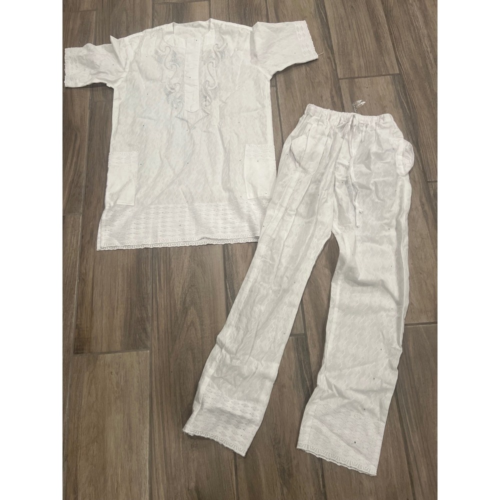 White Embroidered Tunic Pants Set Womens Sz L Boho Coastal Resort 2 Piece Outift